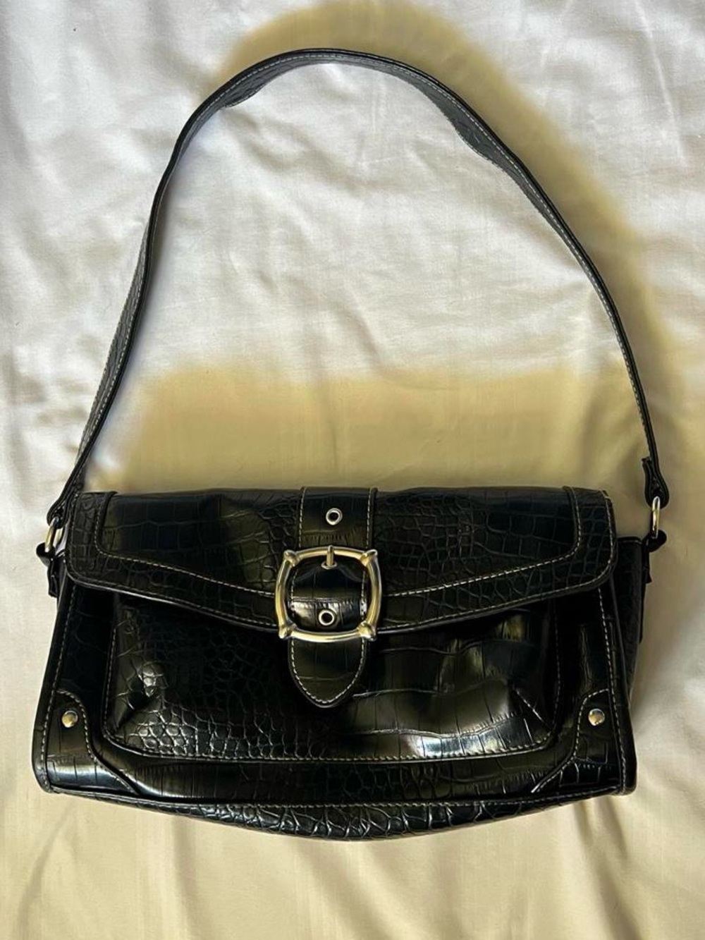 Classic Black Croc-Embossed Shoulder Bag with Buckle Detail